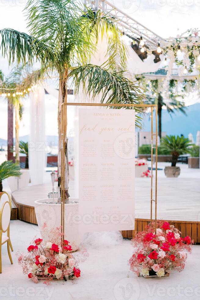 Seating plan stands in a yellow rectangular frame near colorful bouquets of flowers with a palm tree in a pot photo