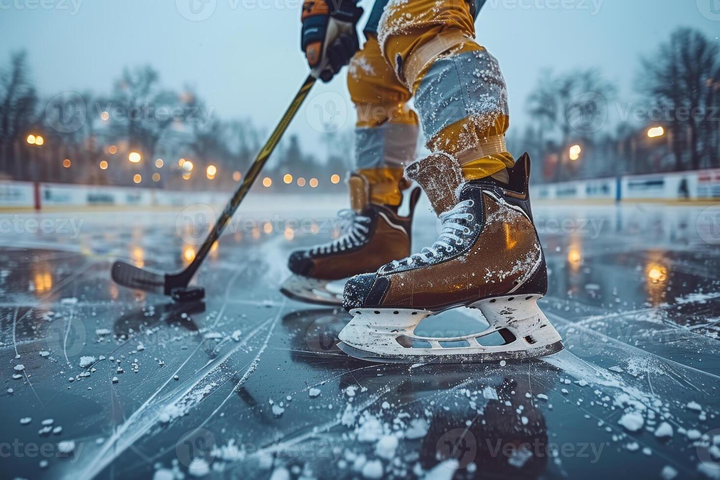 AI generated Close-up of an ice hockey player with a stick and a puck on ice photo