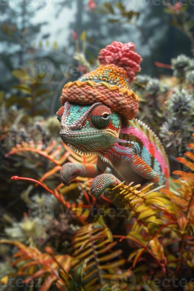 ai generado un camaleón en un brillante sombrero en el antecedentes de un bosque paisaje foto