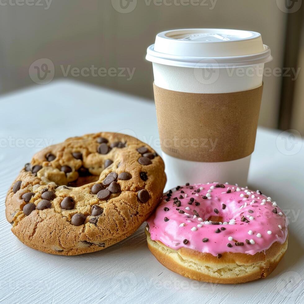 AI generated A cardboard coffee cup and two donuts are on the table photo