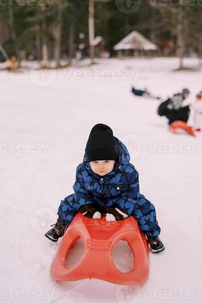 Little boy sits on a sleigh leaning forward and holding on to the reins photo