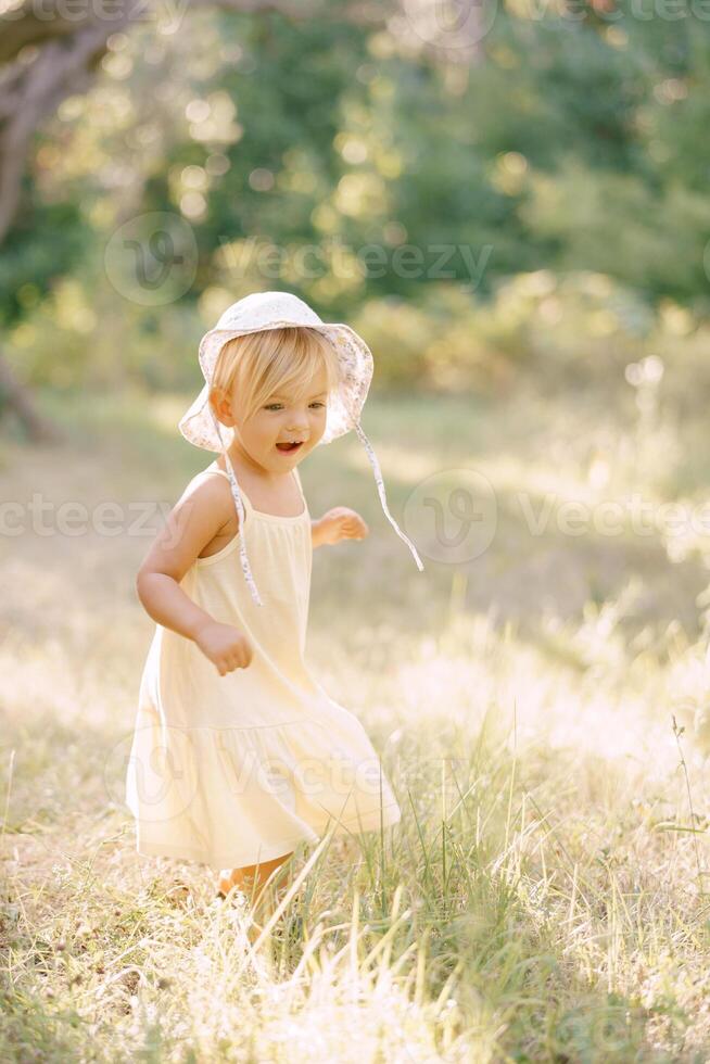 pequeño sonriente niña en un Panamá sombrero camina mediante un soleado prado foto