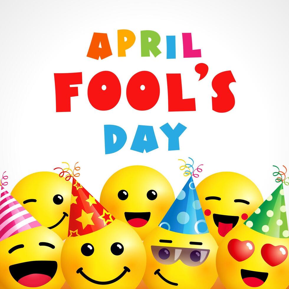April Fool's Day greeting card with set of web icons. Emoticons in party hats vector