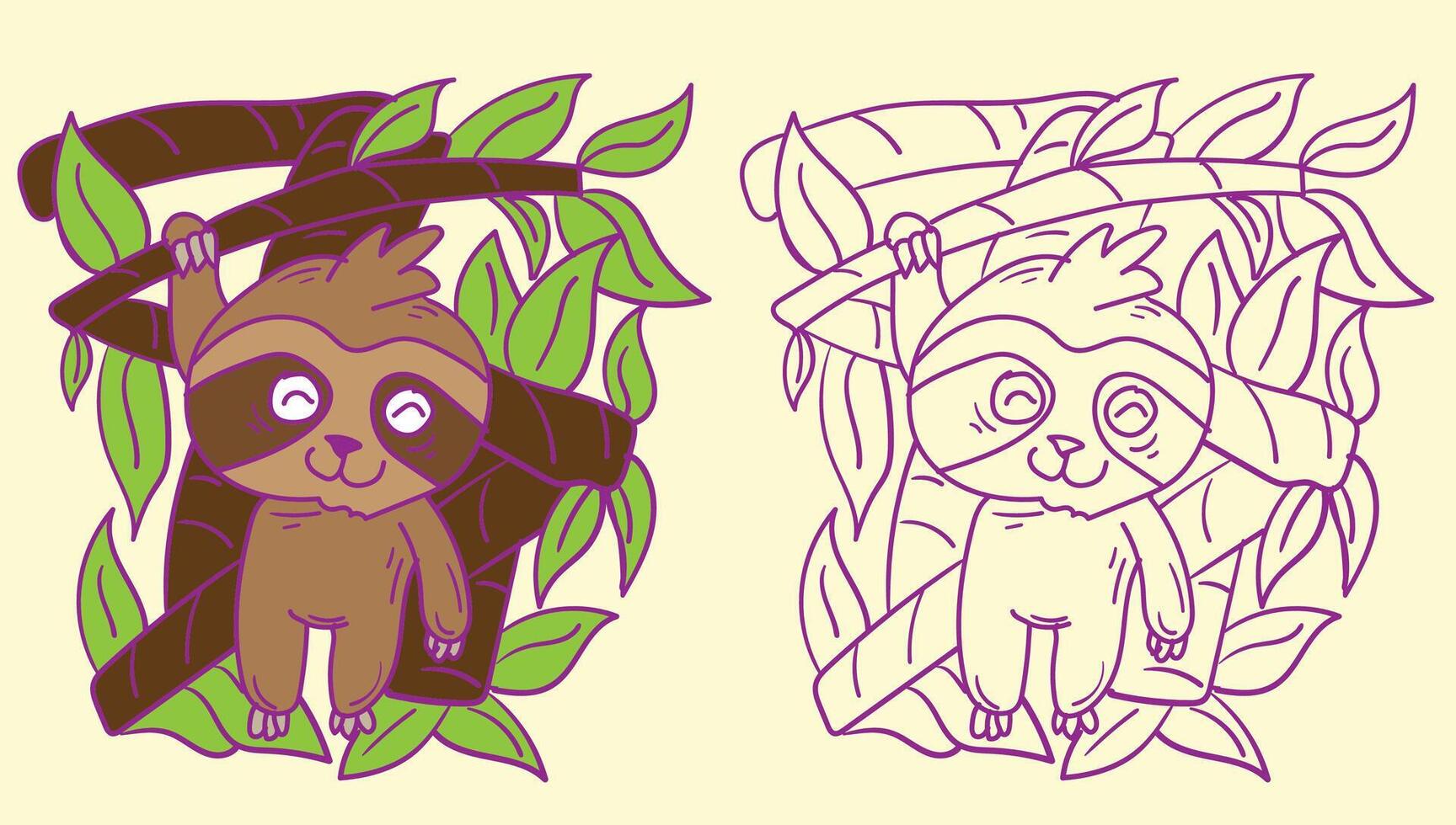 sloth doodle cute animal illustration for book coloring page vector