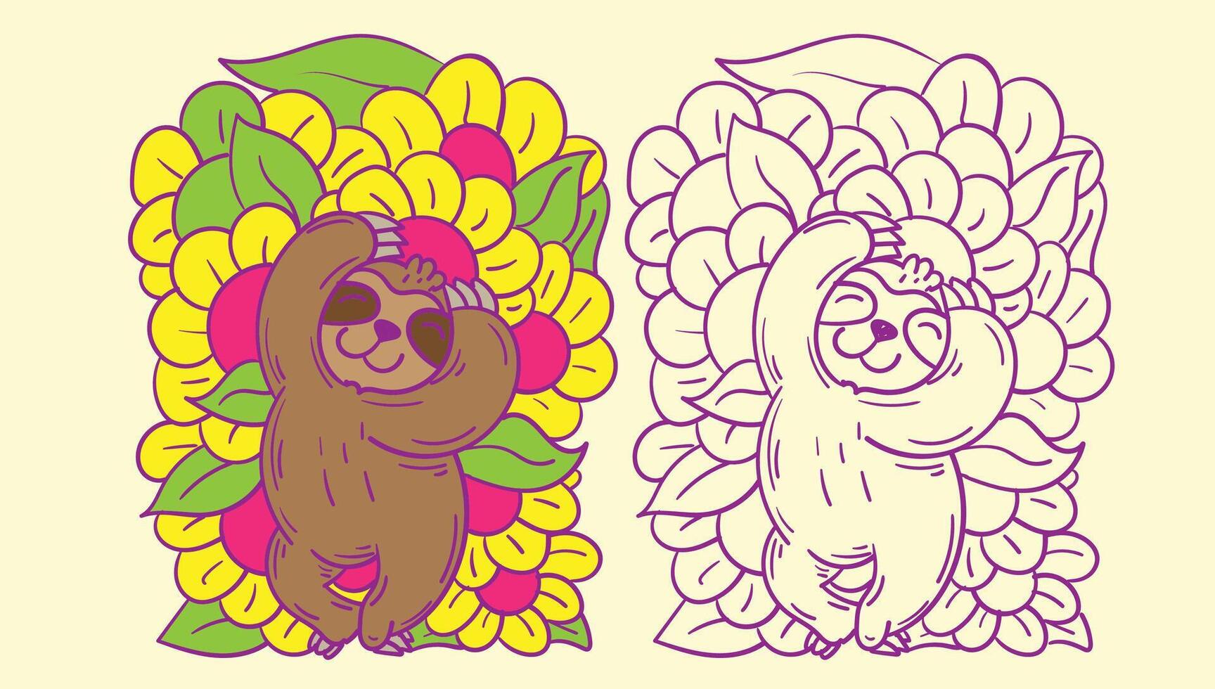 sloth doodle cute animal illustration for book coloring page vector