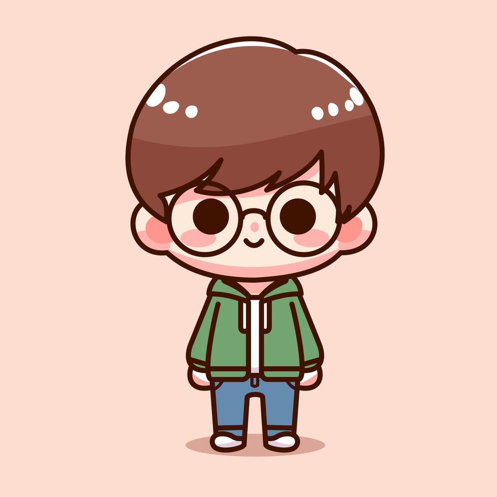 vector cute boy wearing green jacket and blue jeans kawaii cartoon