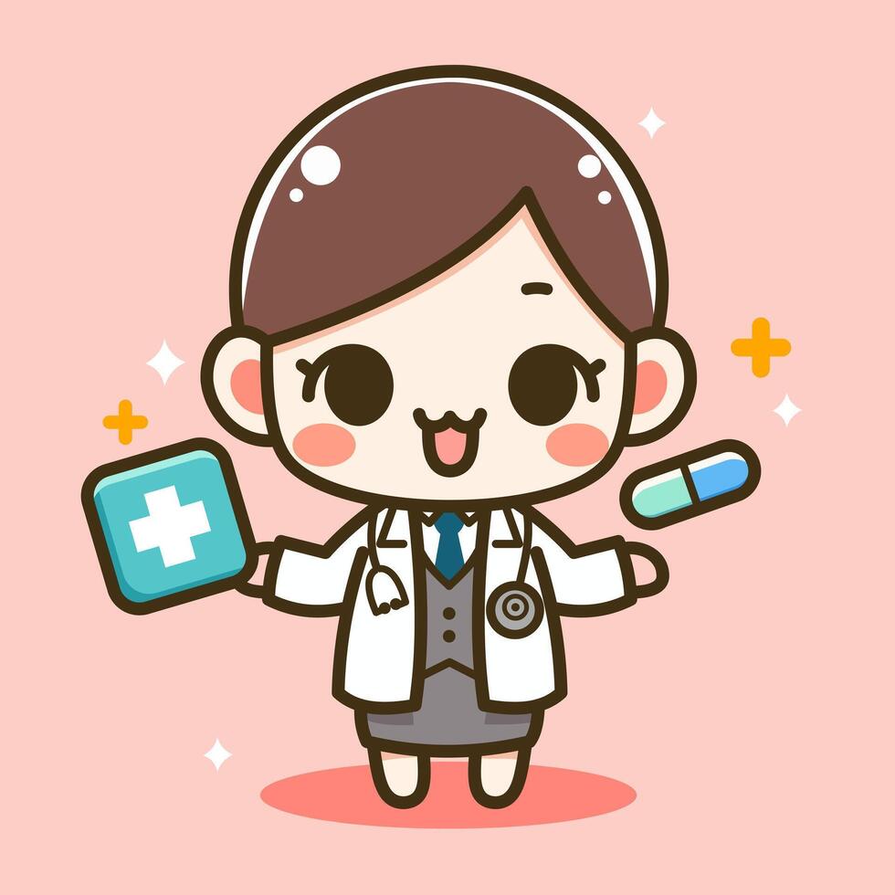 vector cute doctor girl holding medicine box kawaii cartoon