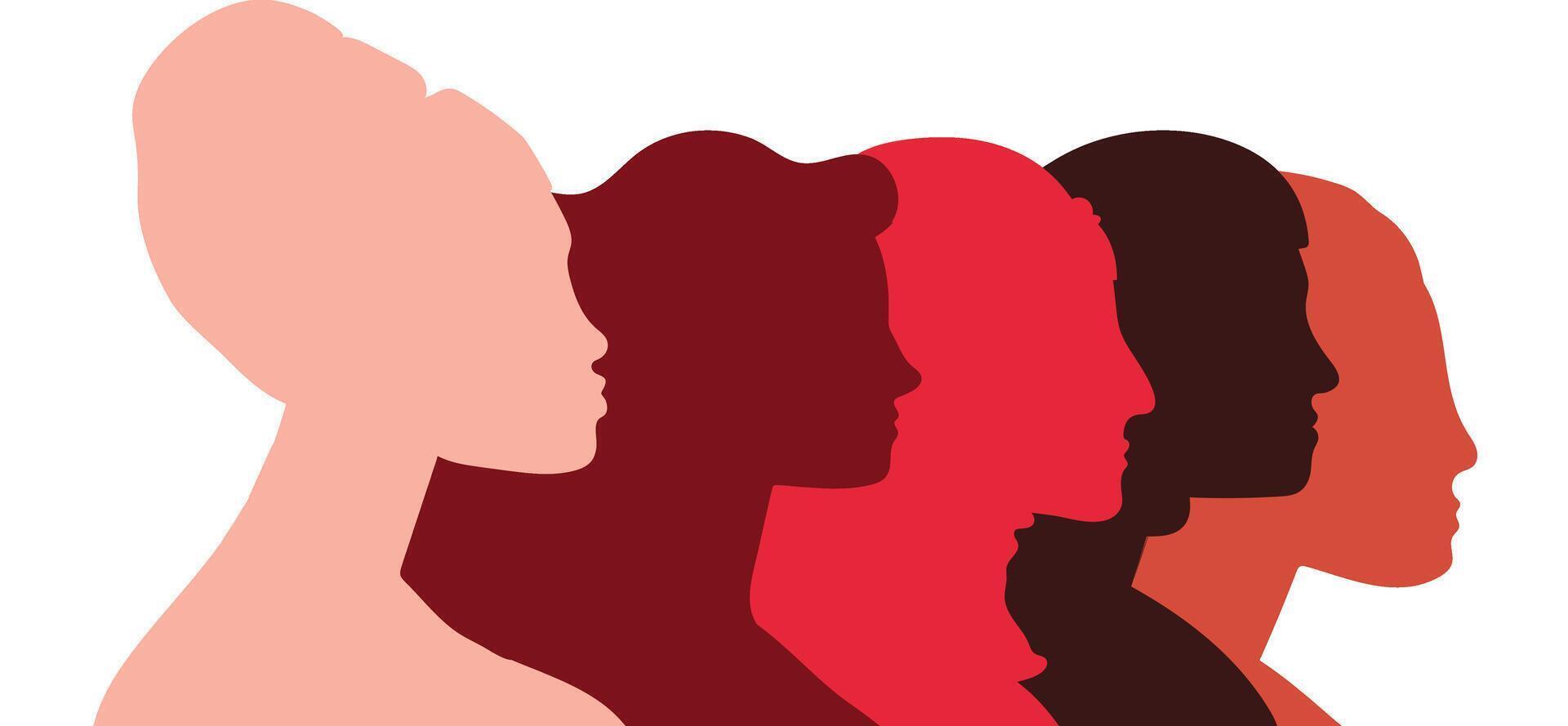 Female diverse faces of different ethnicity. Women empowerment movement pattern. vector