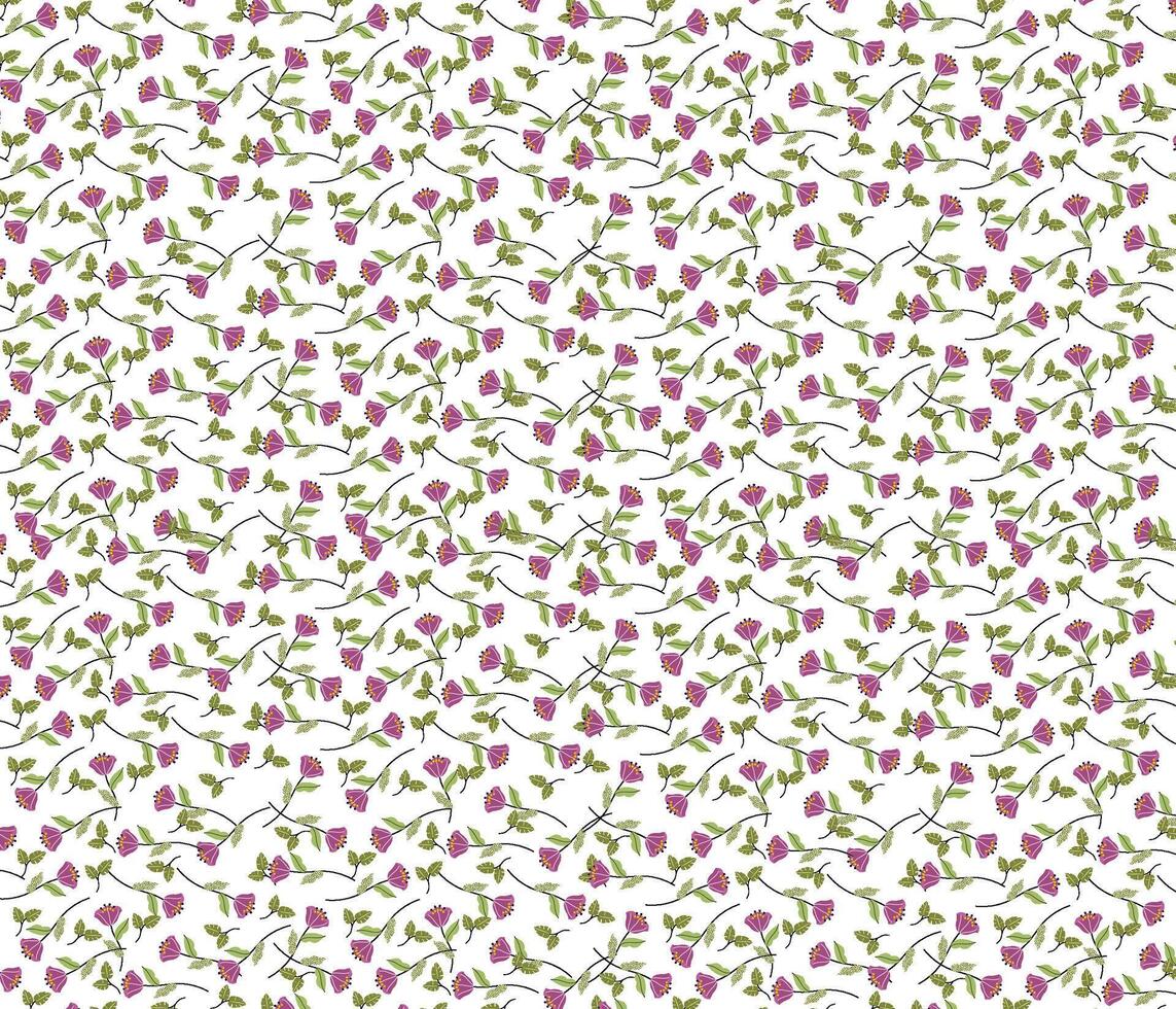 Vector - Abstract seamless pattern of cute doodle flower, green leaves on white background. Can be use for print, paper, wrapping, fabric. Cute image