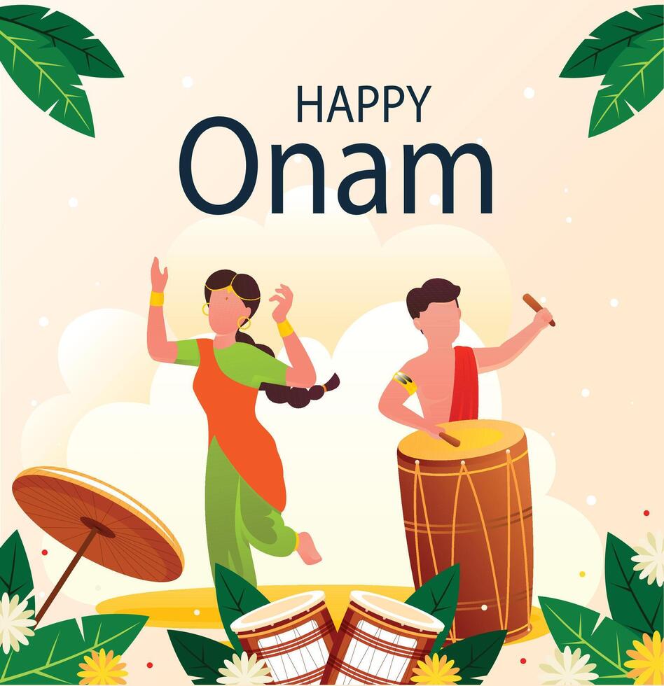 Illustration of Happy Onam decoration with diya and rangoli vector