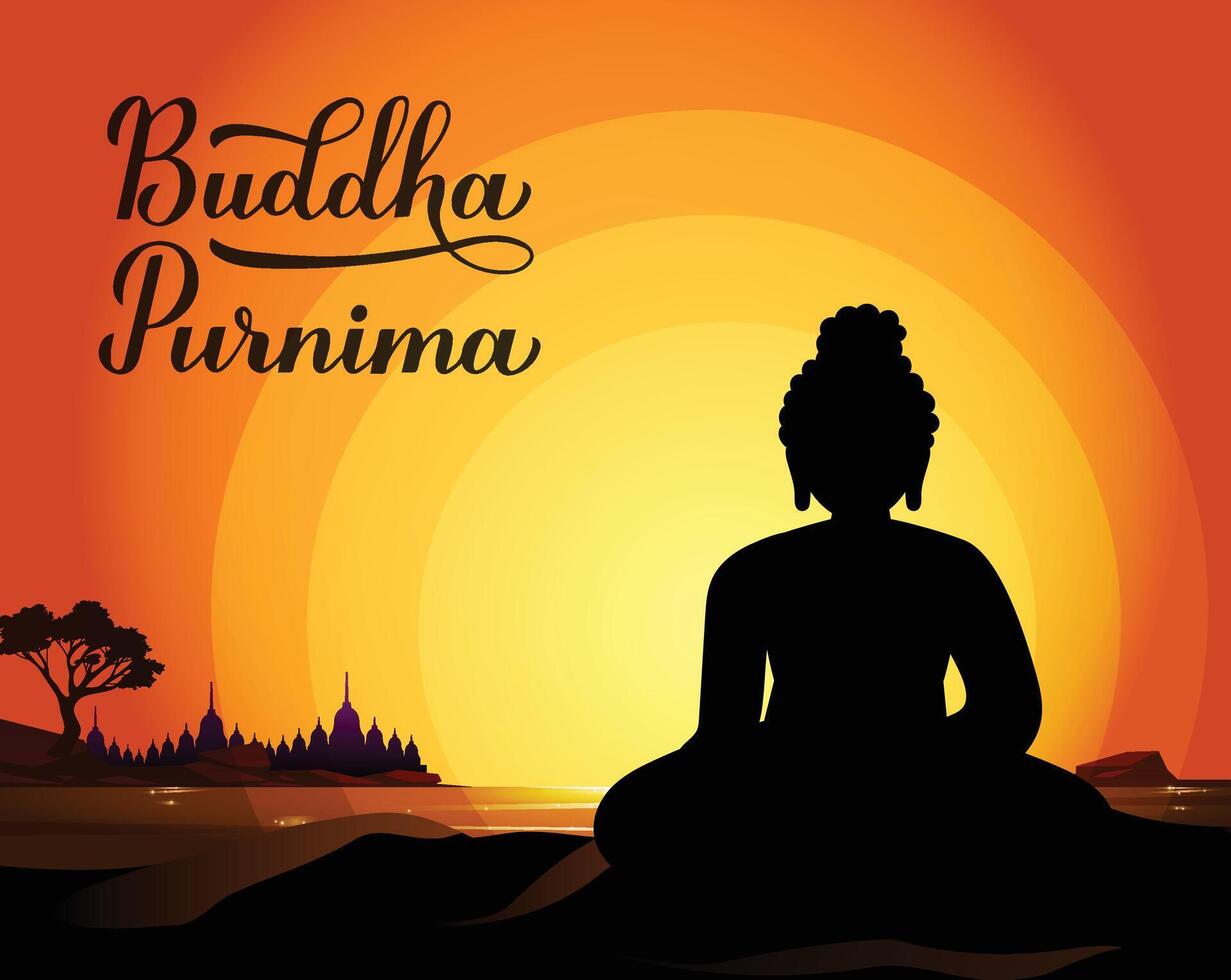 Happy Vesak Day Budha Purnima With blue Background Silhouette Vector Illustration design.