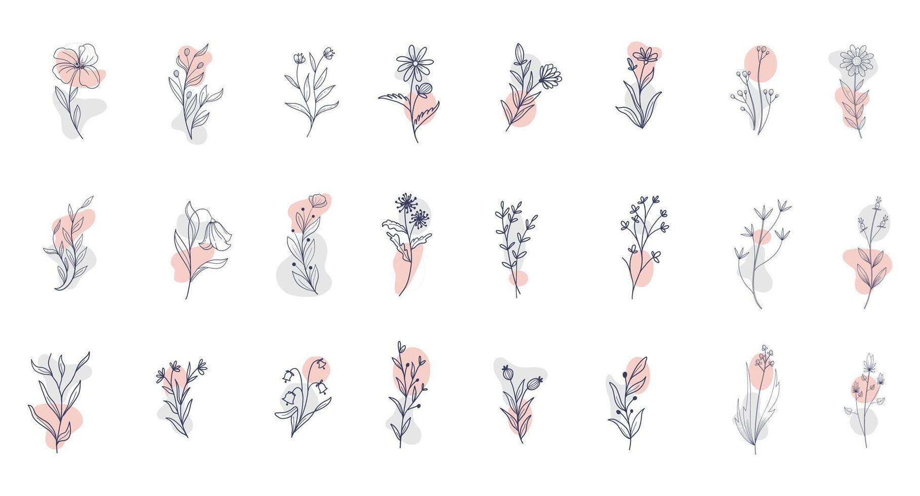 Set of trendy wildflowers and minimalist flowers for logo or decorations. Hand drawn line wedding herb, elegant leaves for invitation save the date card. Botanical rustic trendy greenery vector