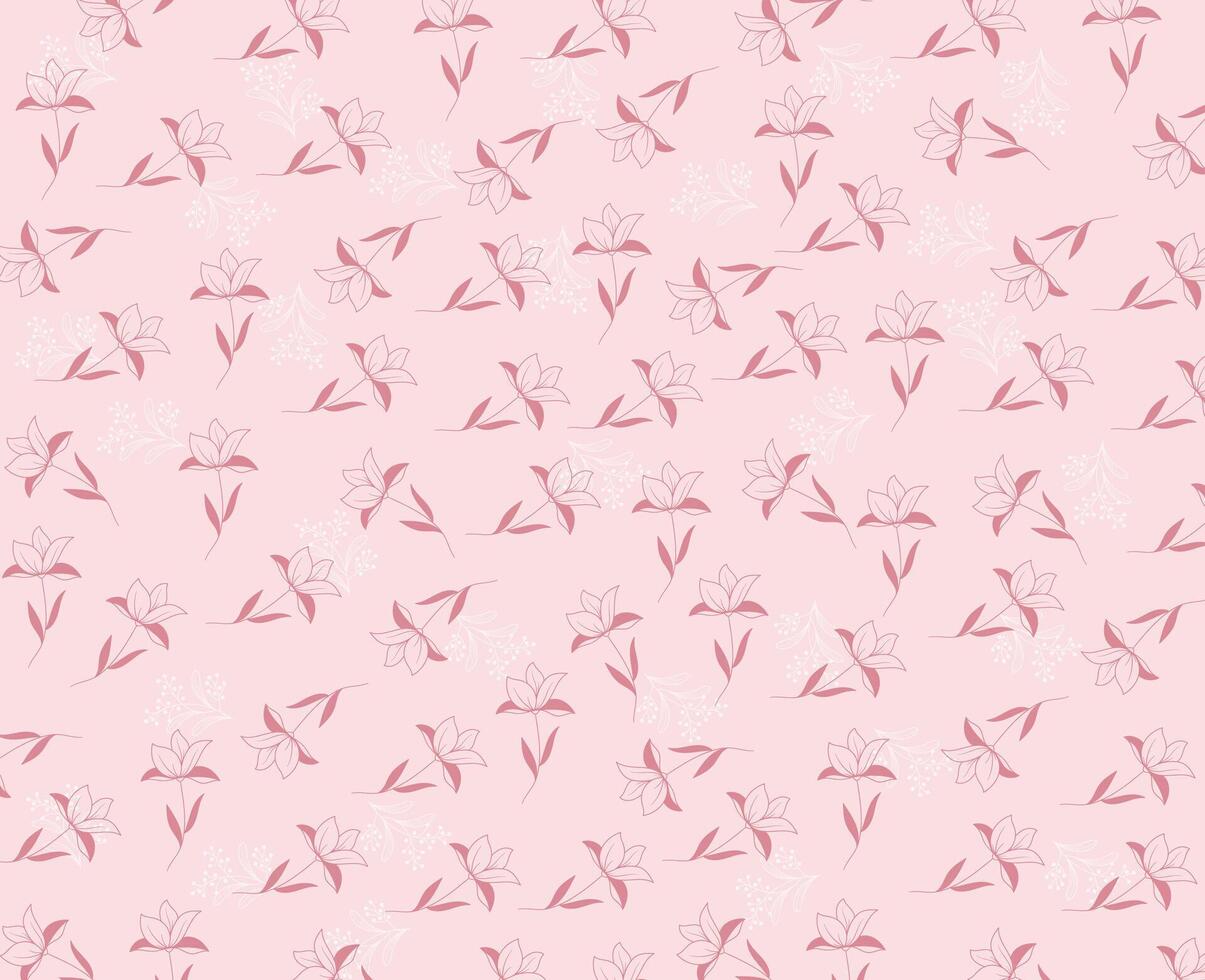 Vector - Abstract seamless pattern of cute doodle flower, green leaves on white background. Can be use for print, paper, wrapping, fabric. Cute image