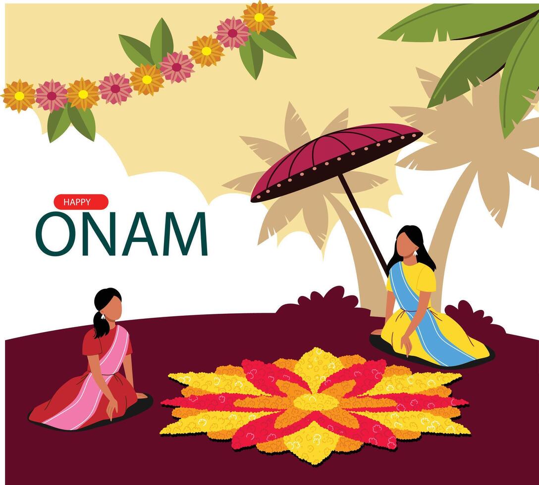 Illustration of Happy Onam decoration with diya and rangoli vector