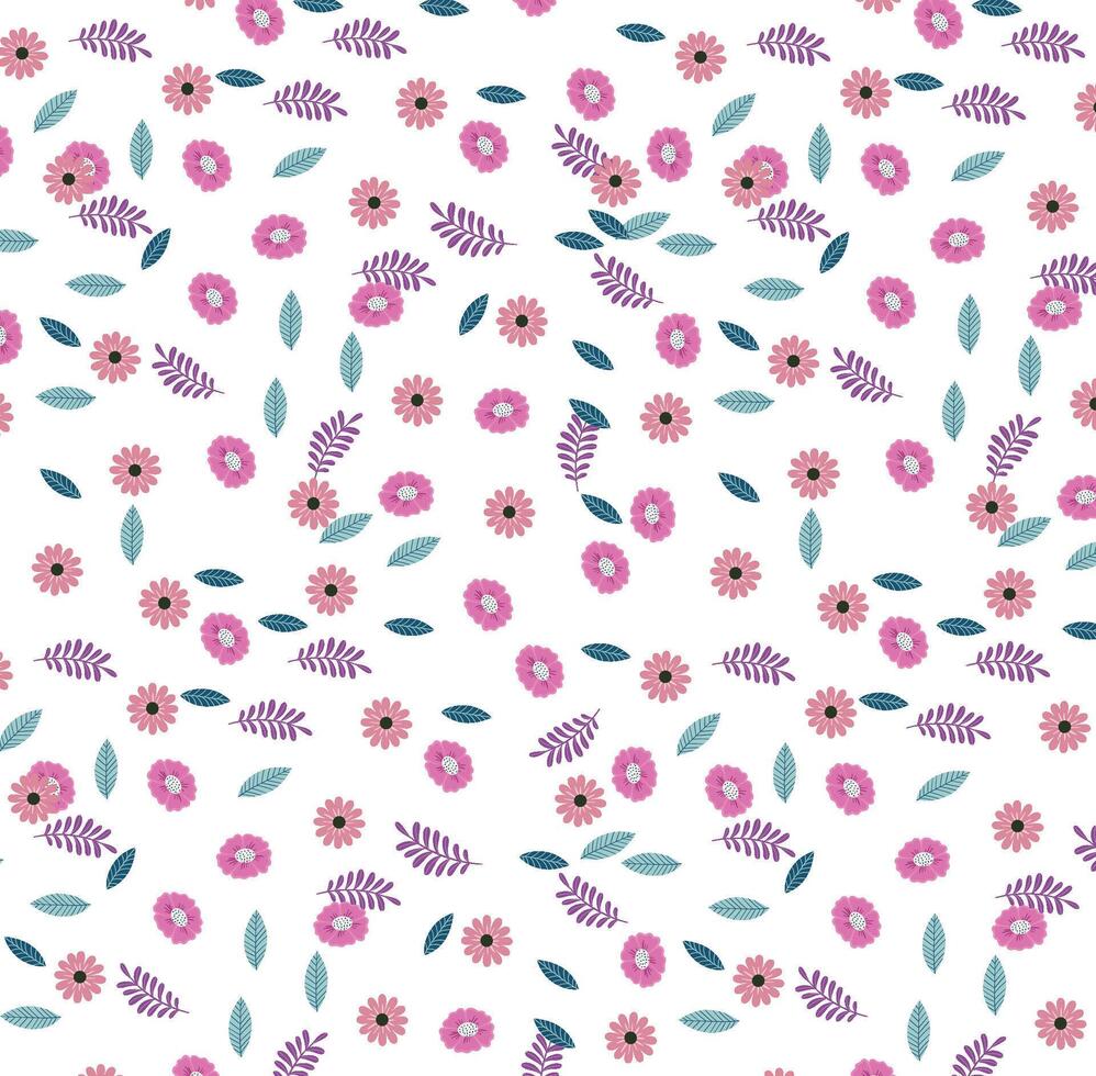 Vector - Abstract seamless pattern of cute doodle flower, green leaves on white background. Can be use for print, paper, wrapping, fabric. Cute image