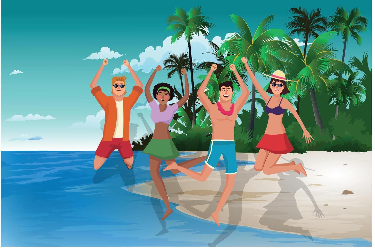 Happy people enjoying summer vacations on the beach, they are dancing and talking, tourism and summer time concept vector