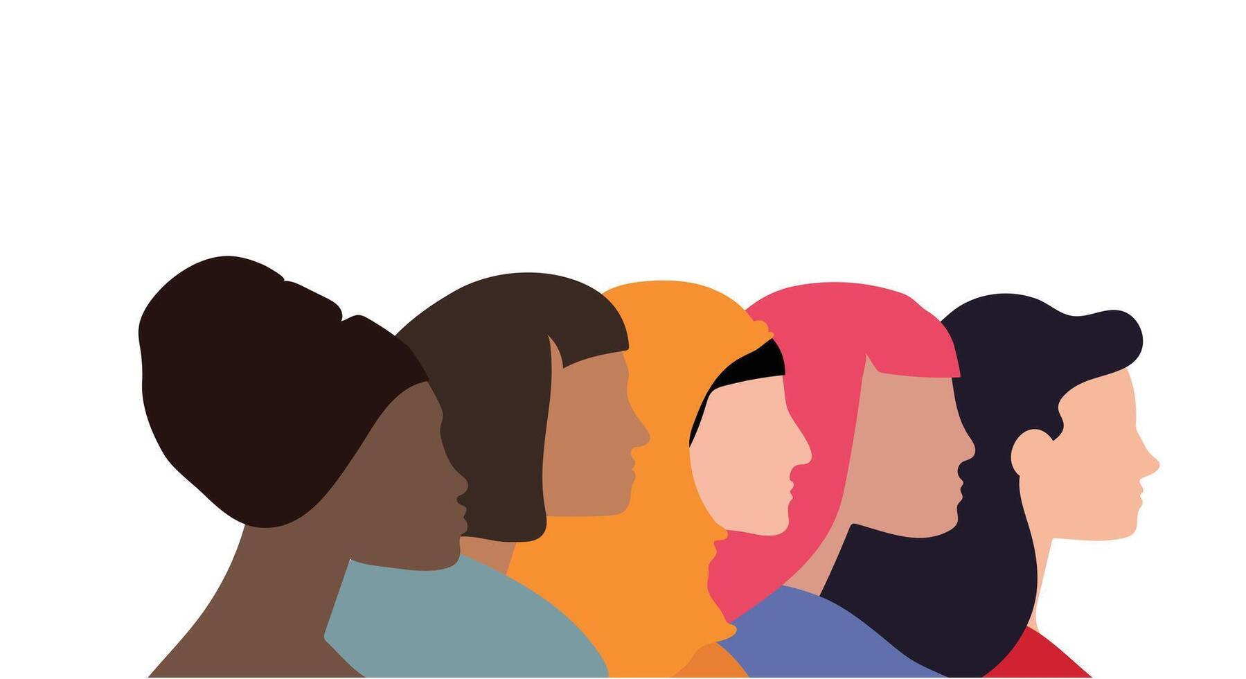 Female diverse faces of different ethnicity. Women empowerment movement pattern. International womens day graphic in vector