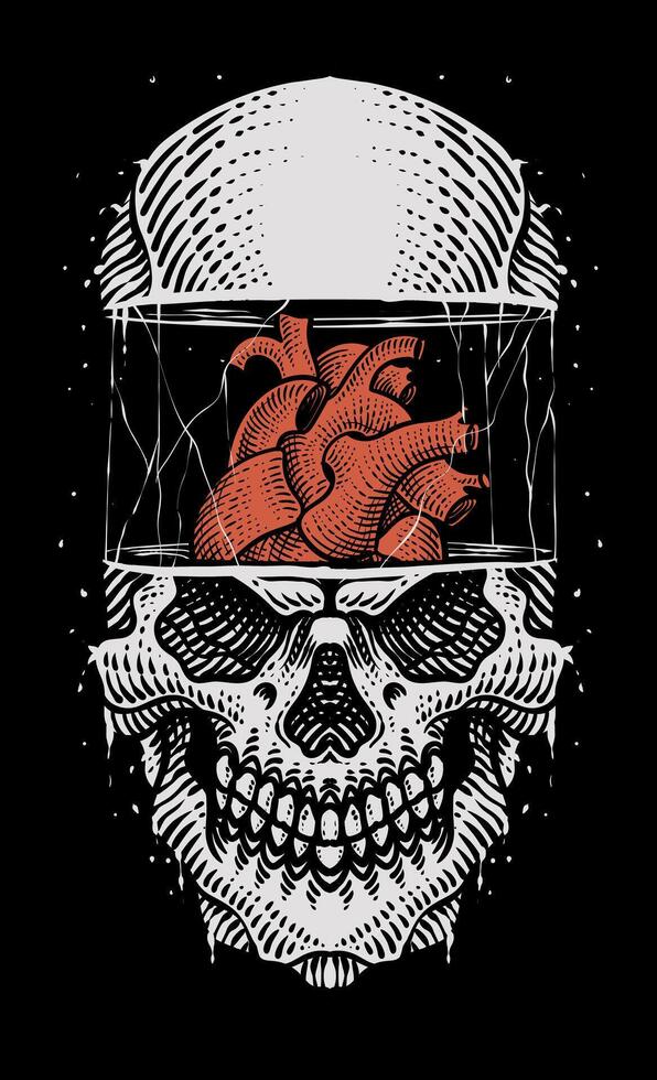 Illustration skull head with heart engraving style on black background vector