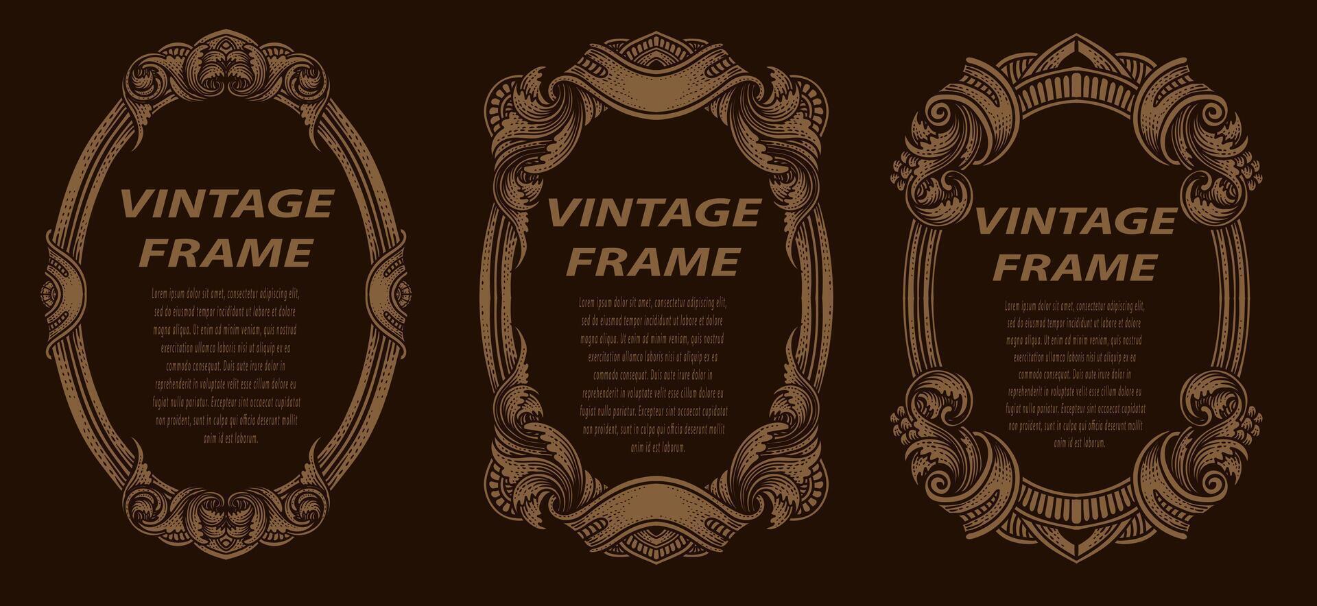 Set antique engraving frame border label, vintage hand drawn, vector illustration