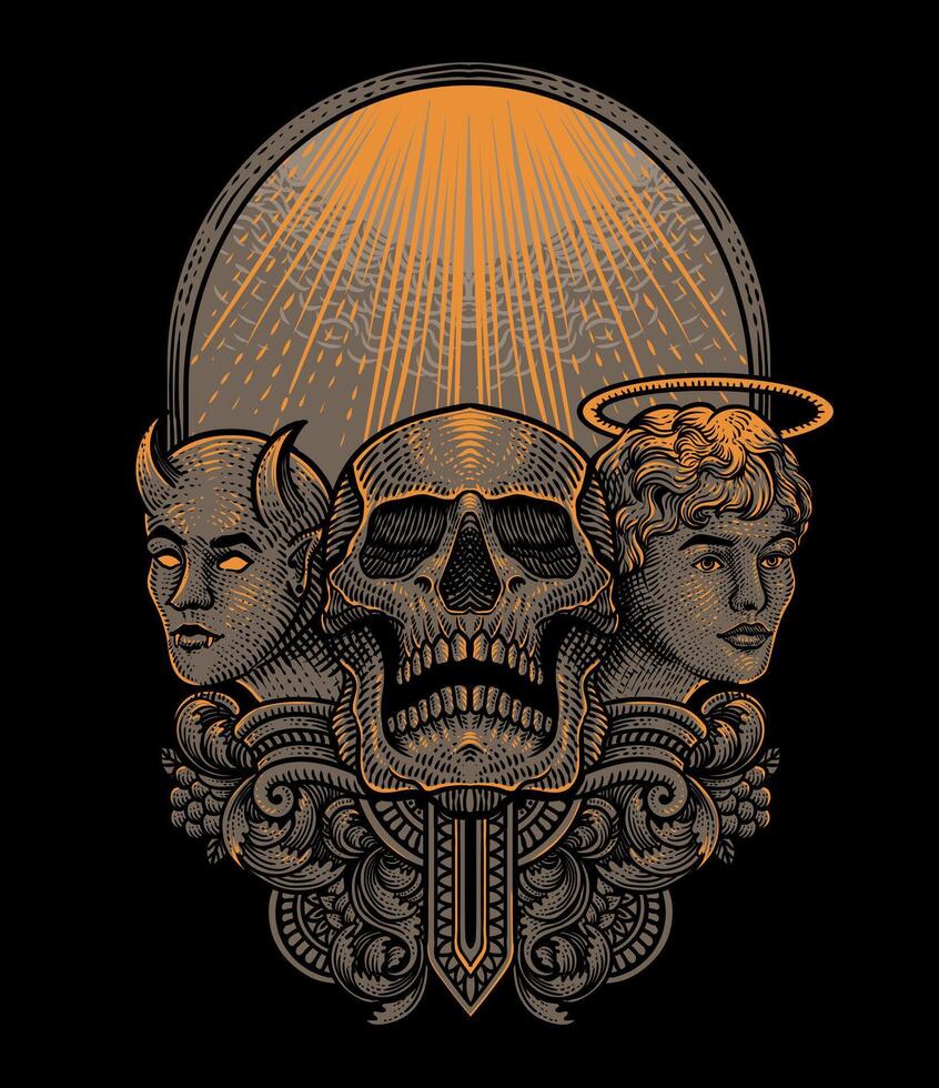 ilustración de cráneo cabeza con demonio y ángel grabado ornamento estilo vector