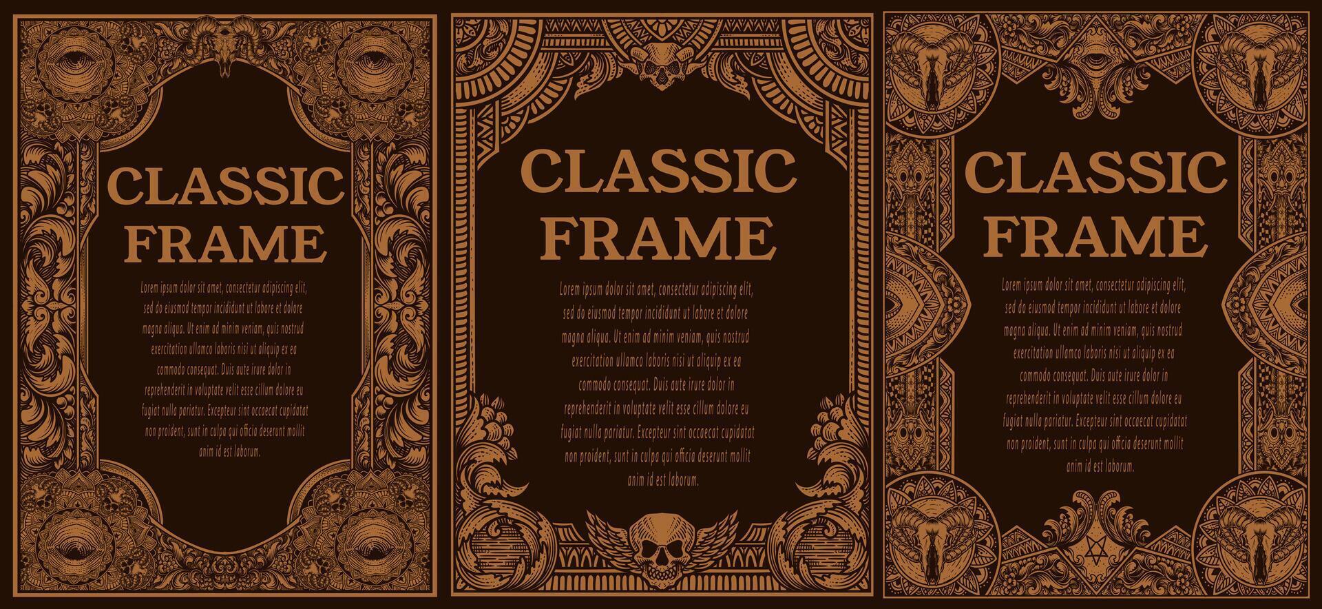 Set antique engraving frame border label, vintage hand drawn, vector illustration