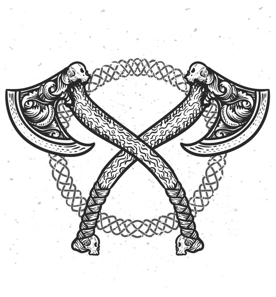 Illustration of two viking axe engraving style, emblem design, Logo design, Vintage design. vector