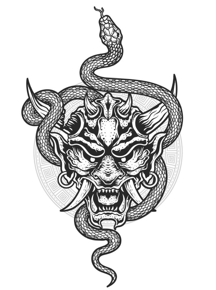 ilustración vector hannya mascarilla, japonés demonio oni máscara con serpiente.