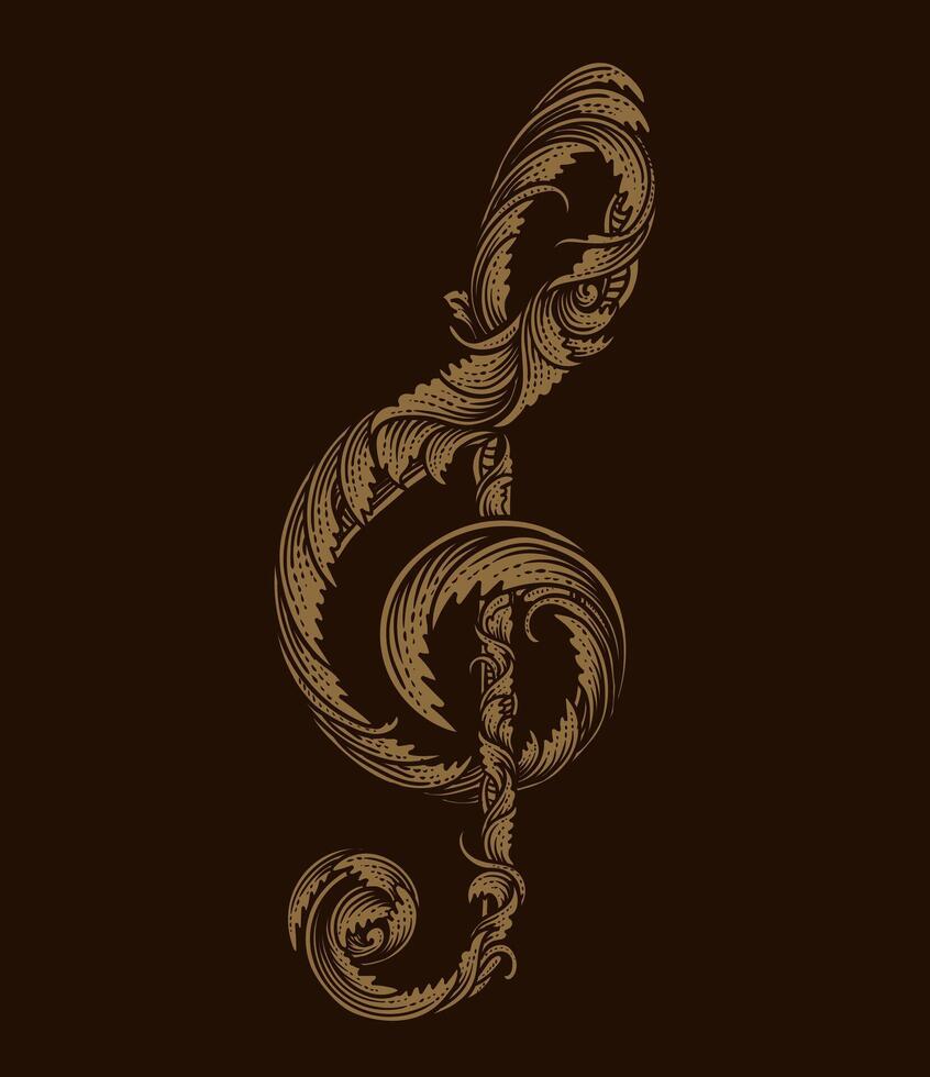 Vintage illustration music note design element with antique engraving ornament style vector