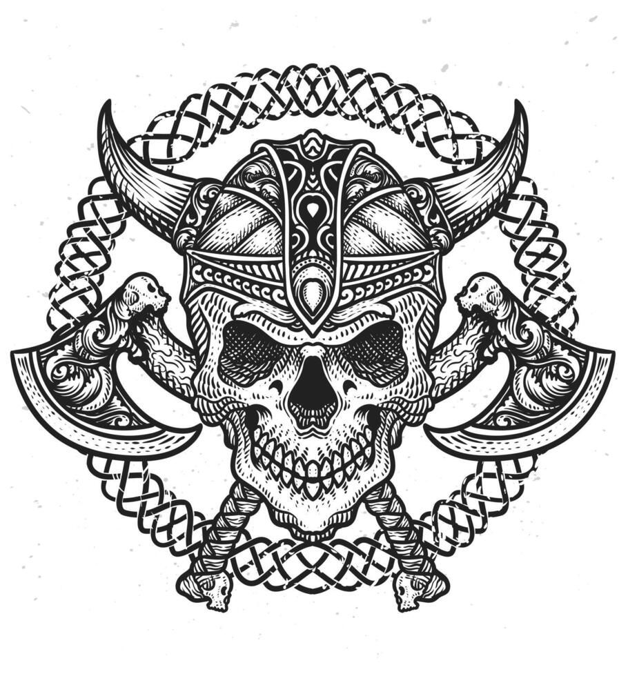 aislado vikingo cráneo cabeza con dos hacha arma, t camisa diseño, tatuaje diseño. vector