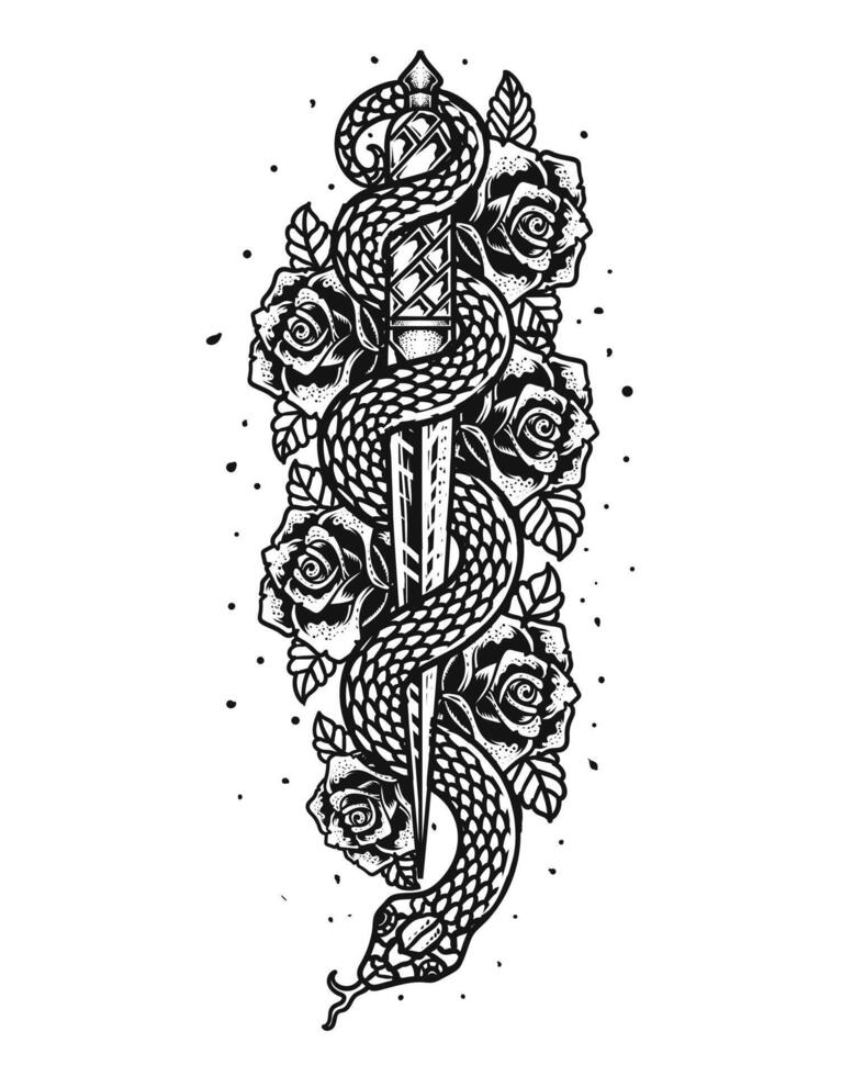 Isolated knife with rose and snake, Romantic flesh art festival poster. Rock and Roll music related sign. vector