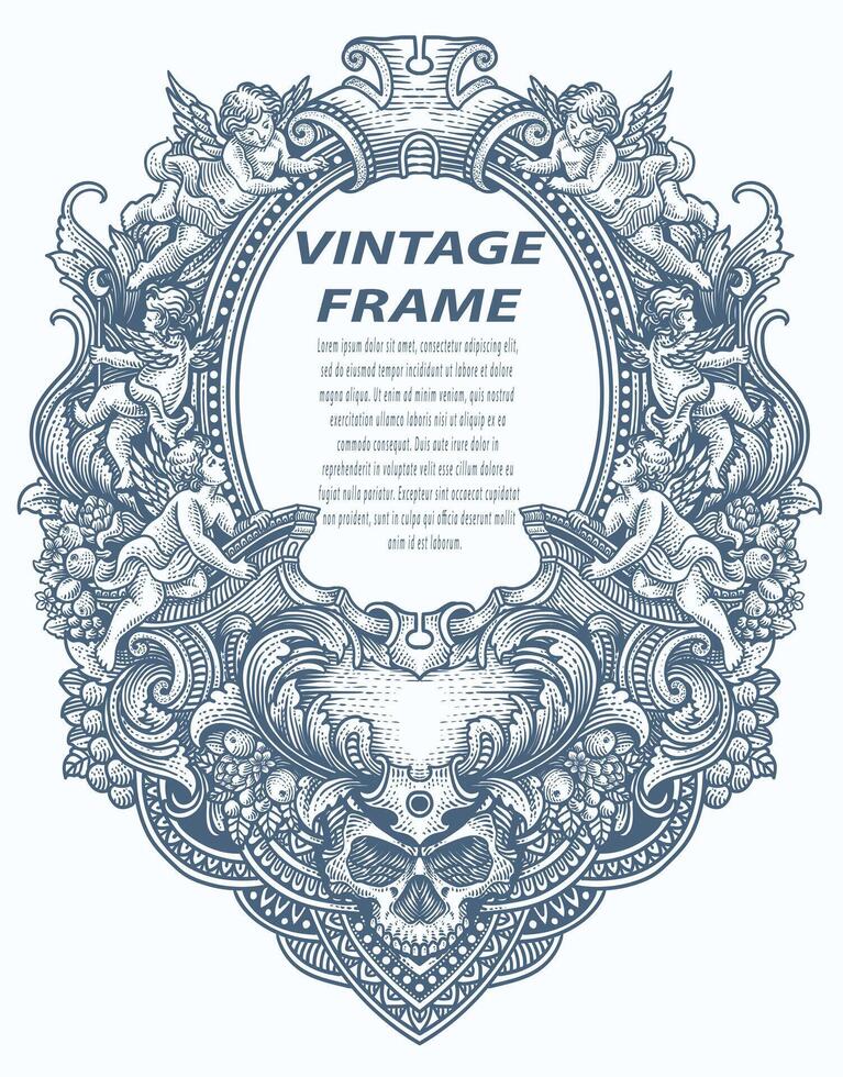 Vintage border frame engraving with antique ornament pattern - Vector Design