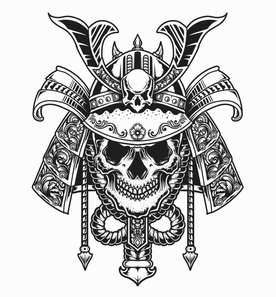 Illustration vector samurai skull head on white background.