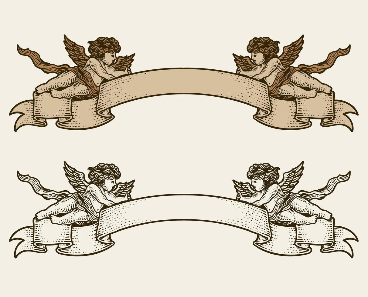 dos Clásico cinta con Cupido ángel, vector mano dibujado