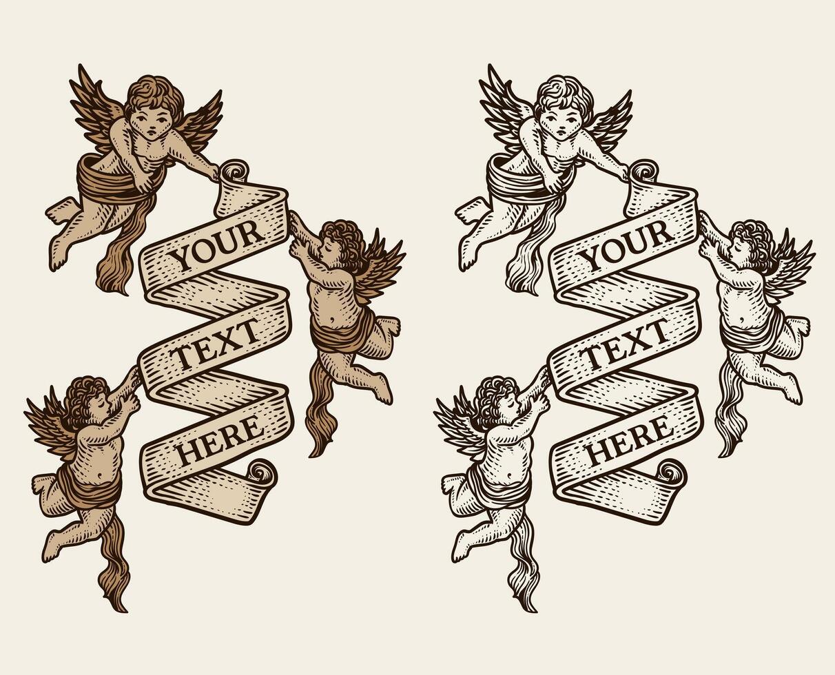 Two vintage ribbon with cupid angel, Vector hand drawn