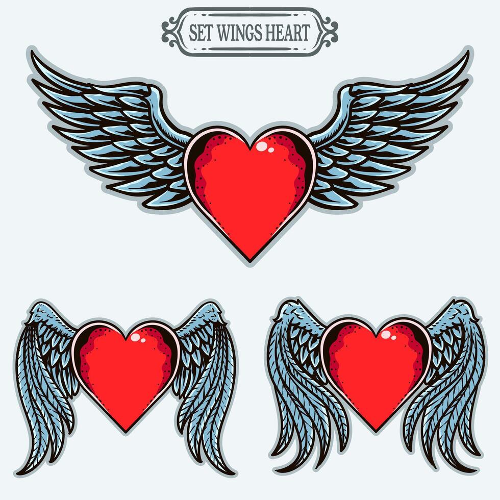 Set illustration heart with wings, vector illustration EPS 10