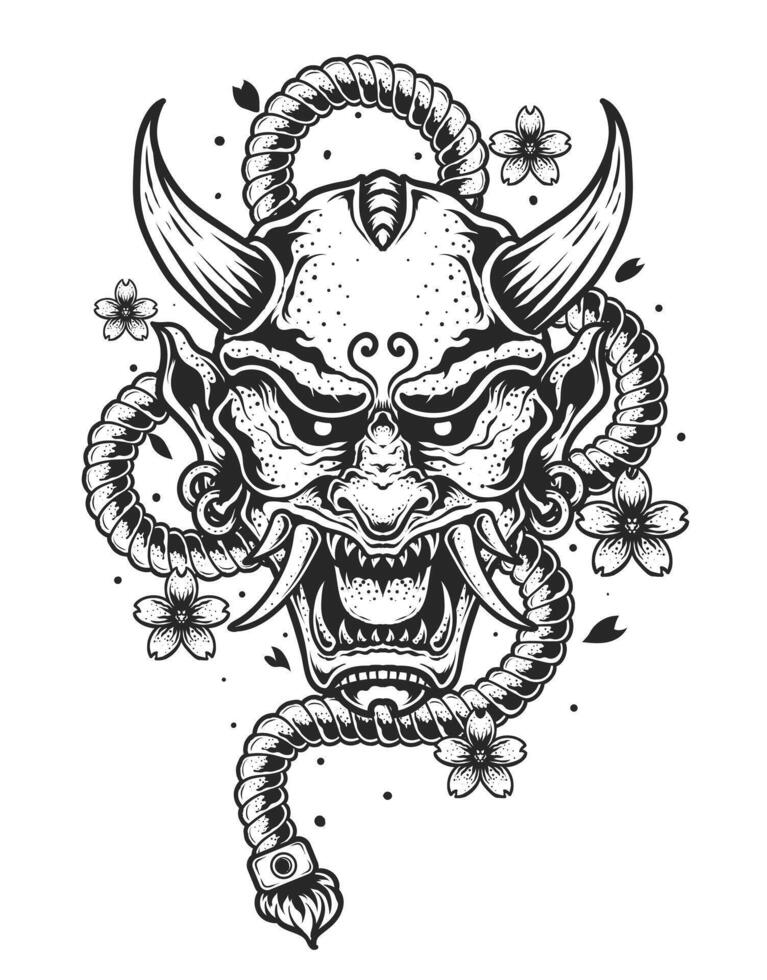 Illustration vector hannya mask, Japanese demon oni mask with ropes and sakura flower.