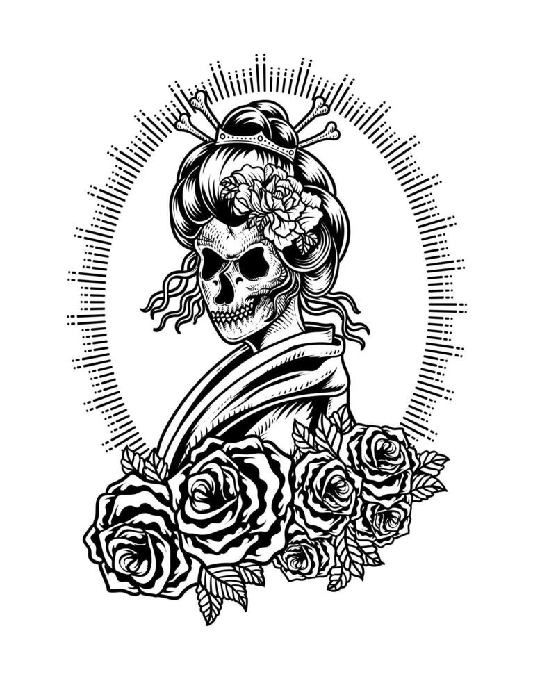 Illustration vector geisha skull  with rose flowers, Tattoo design.