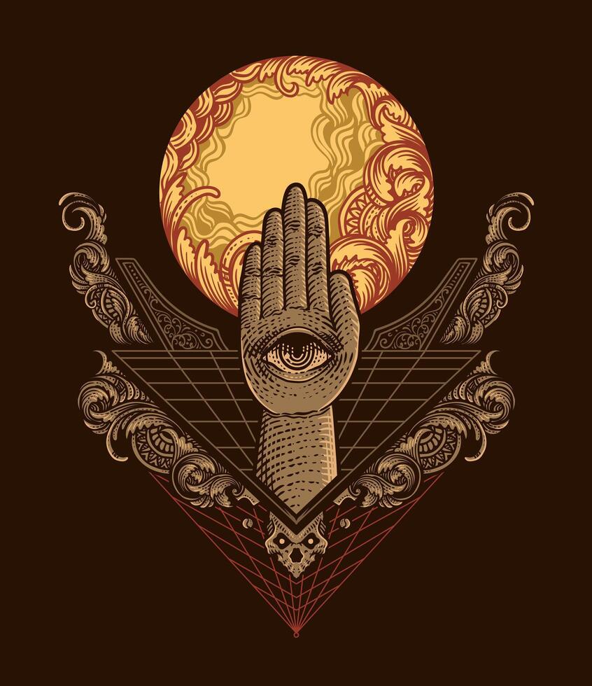 Illustration hand with eye engraving ornament frame with engraving moon. vector