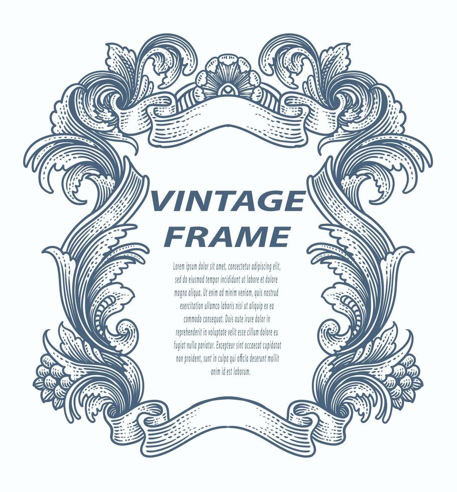Vintage border frame engraving with antique ornament pattern - Vector Design