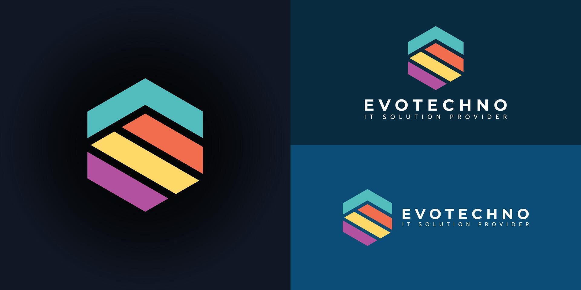 abstract initial letter ET or TE logo in a hexagon shape in blue, orange, yellow, and violet color isolated on multiple background colors. The logo is suitable for IT provider solution logo design vector