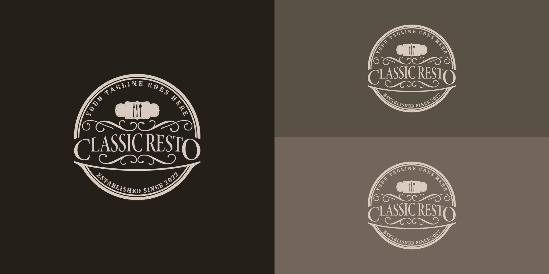 clásico cuchara tenedor cuchillo con Clásico retro sello logo en suave oro color aislado en múltiple antecedentes colores. el logo es adecuado para cocina comida menú plato restaurante logo diseño inspiración vector