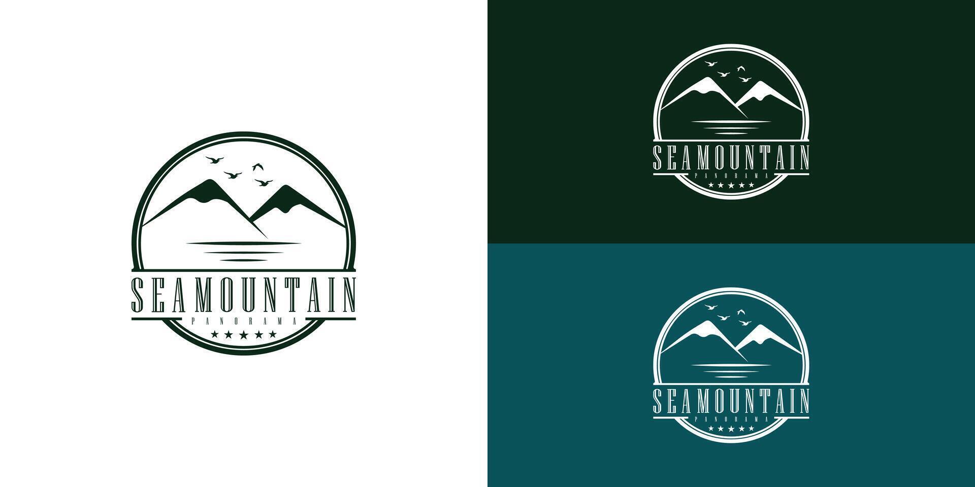 Hawaii Island with Mountain and Sea illustration with retro stamp logo in deep green color isolated on multiple background colors. The logo is suitable for outdoor travel adventure icon logo design vector