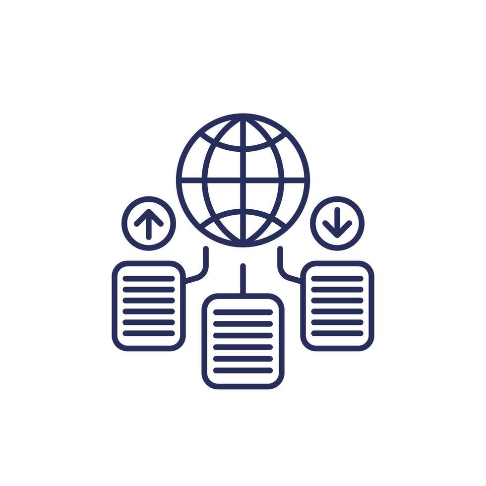 Global data exchange line icon with documents vector