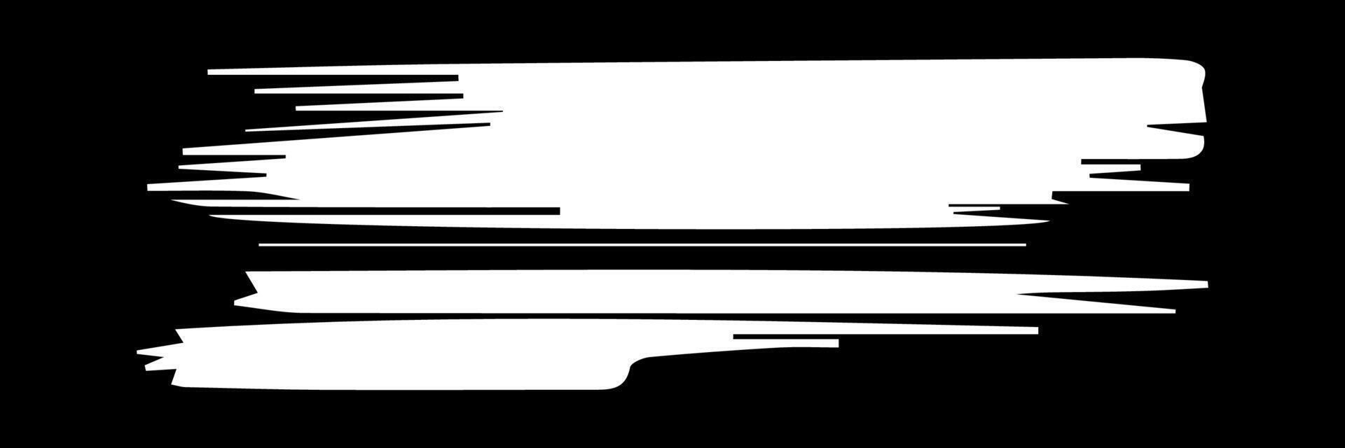 White paint ink brush strokes, brushes, lines, grungy. Dirty artistic design elements, boxes, frames. Vector illustration. Isolated on black background. Freehand drawing.