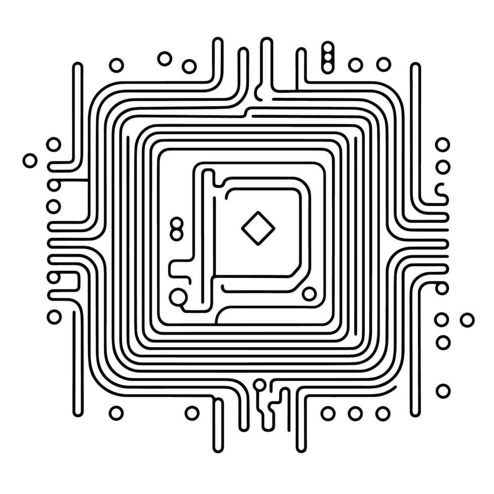 Futuristic computer chip circuit board outline icon in vector format.