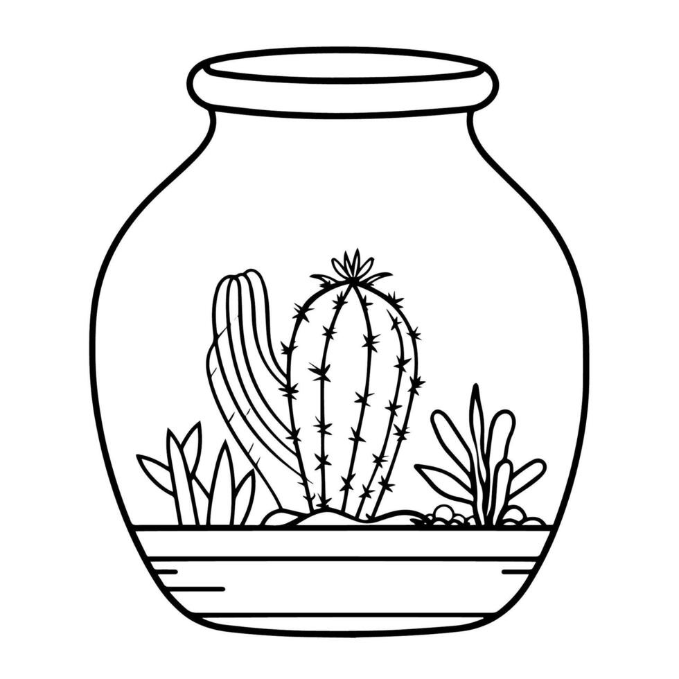 Charming cactus in a jar outline icon in vector format for botanical designs.