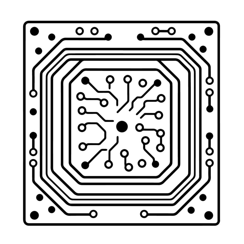 Futuristic computer chip circuit board outline icon in vector format.
