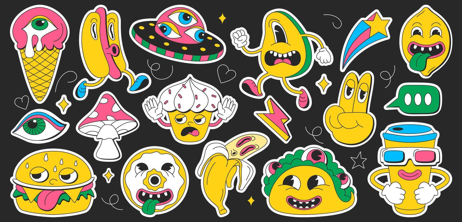 Psychedelic cartoon groovy sticker set with retro surreal elements. Trendy characters with funny faces. Hippy symbols in contemporary design on black background. Fast food, eyes and crazy icons vector