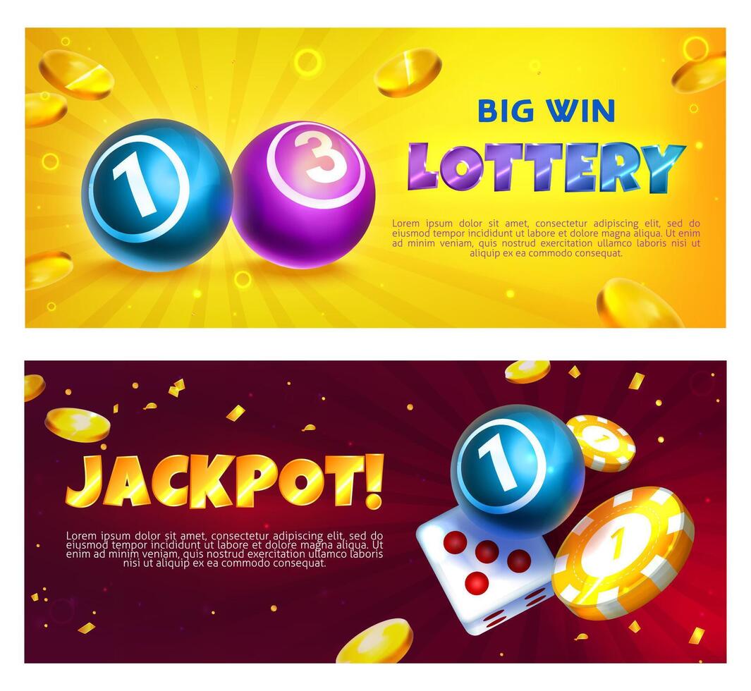 Lottery banners with realistic balls with lucky winning combination numbers. Gambling games poster with gold casino chips dice game coins and round shiny spheres. Raffle or jackpot concept 42363004 Ve...