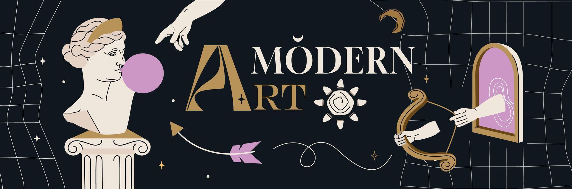 Trendy contemporary design for art exhibition poster. Creative collage with antique sculpture, column and harp. Cover design with greek statue and greece heads. Invitation banner with surreal elements vector